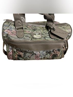 Jordache Taupe Floral Tapestry Weekender Bag with Olive and Pink Accents